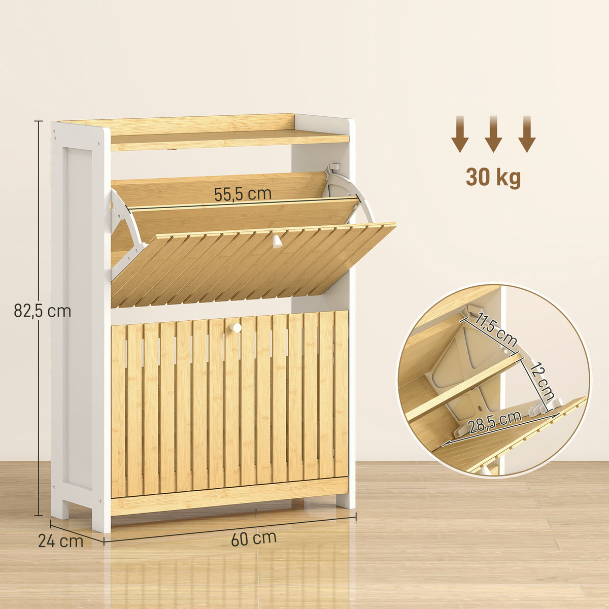 Sapateira Estreita com 2 Portas de Bambu em Ripas Móvel Sapateira com Prateleiras Ajustáveis para 12 Pares de Sapatos 60x24x82,5 cm Branco e Madeira — foto 3