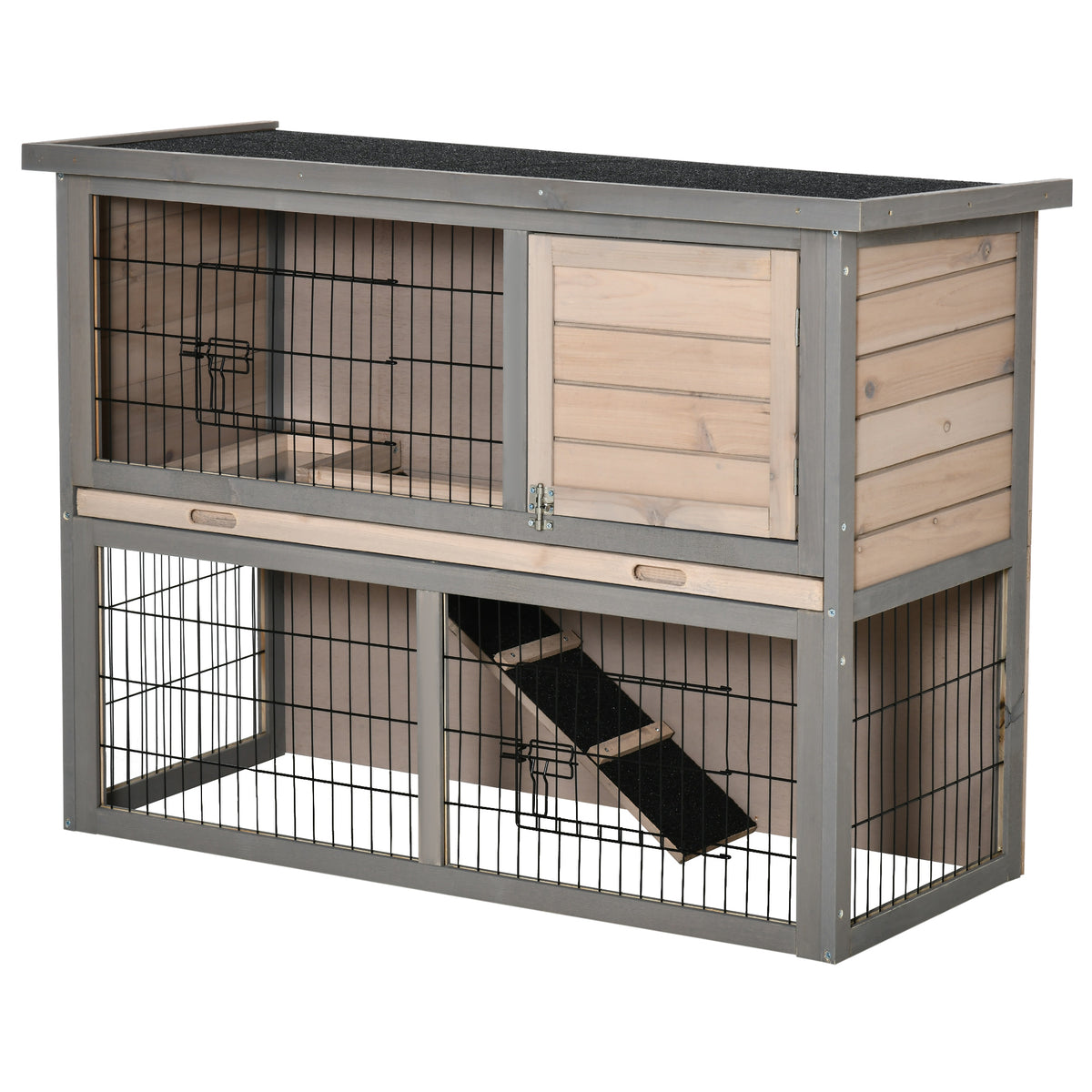 Coelheira de Madeira Exterior Gaiola para 2 Coelhos com 2 Portas com Fechaduras Teto Asfáltico Abatível Bandeja Removível Rampa e Zona Aberta 108x45x78cm Cinza — foto 1
