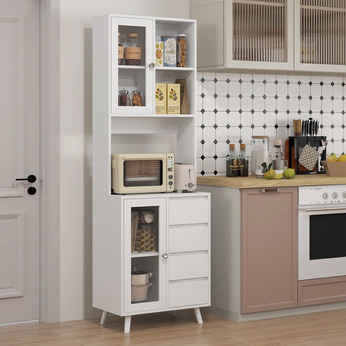 Armário de Cozinha com 2 Armários com Portas de Vidro Temperado 2 Compartimentos Abertos 4 Gavetas e Prateleiras Ajustáveis 60x35x180 cm Branco — foto 2