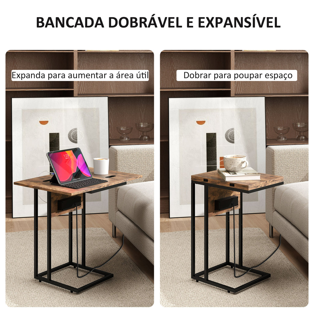 Mesa Auxiliar com Estação de Carga Mesa Auxiliar para Sofá com Tampo Dobrável e Pés Ajustáveis Mesinha Auxiliar para Sala Quarto Madeira Rústica — foto 4