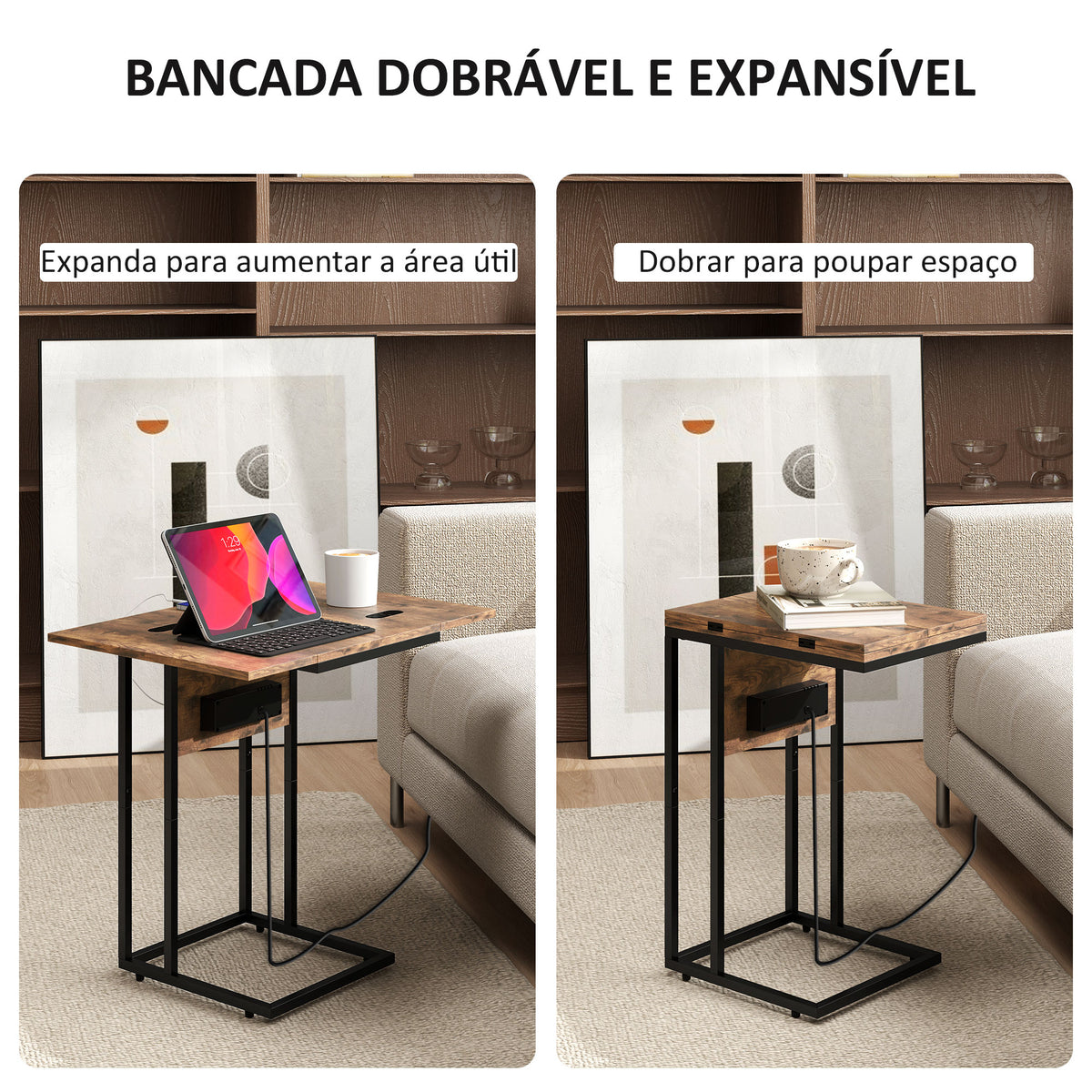 Mesa Auxiliar com Estação de Carga Mesa Auxiliar para Sofá com Tampo Dobrável e Pés Ajustáveis Mesinha Auxiliar para Sala Quarto Madeira Rústica — foto 4