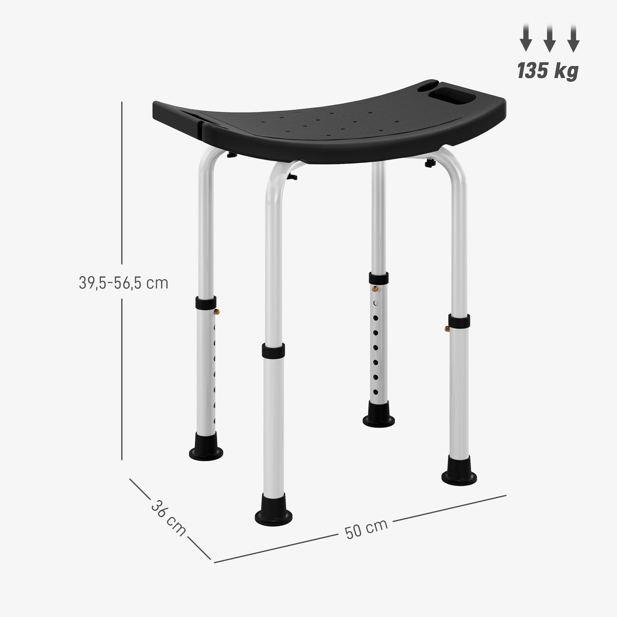 Banco de Duche Banco de Segurança para Duche com Altura Ajustável em 8 Posições com Base de Borracha Antiderrapante 50x36x39,5-56,5 cm Preto — foto 3