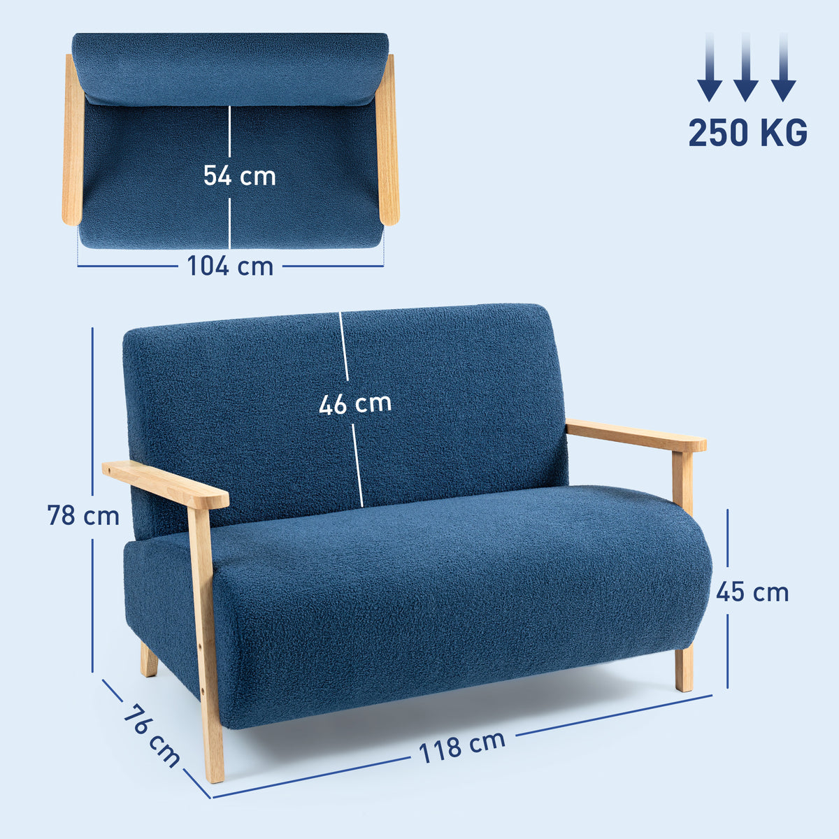 Sofá de 2 Lugares Estofado em Borreguito Sofá de Sala de Estar de 118 cm com Acolchoado Espesso Apoios de Braço e Pés de Madeira para Quarto Sala de Estar 118x76x78 cm Azul — foto 3