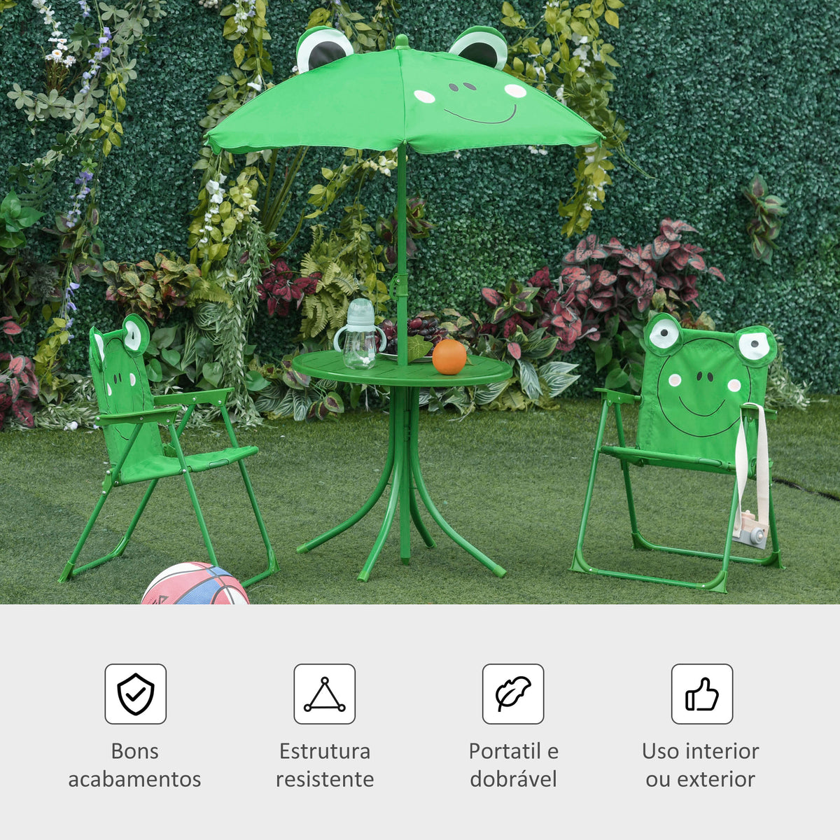 Conjunto de Mesa e Cadeira de Jardim Conjunto de Picnic Dobrável para Crianças Conjunto de Mesa com Chapéu de Sol com Altura Ajustável 100-125cm Desenho de Sapo Verde — foto 5