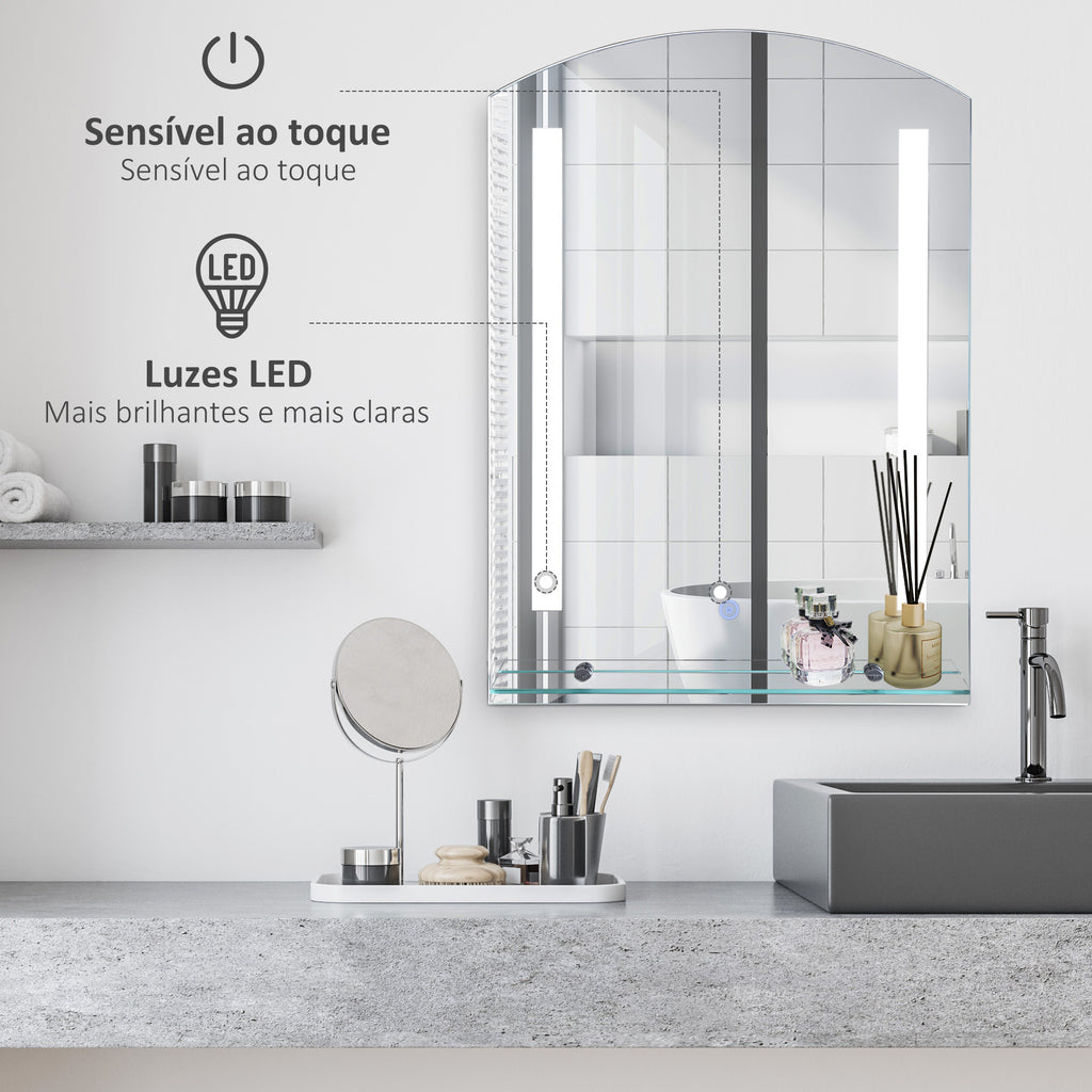 Espelho para banheiro com luz LED 16W Interruptor de toque e prateleira inferior Cabo de 1m Estrutura de alumínio 70x50x2,7 cm prata — foto 4