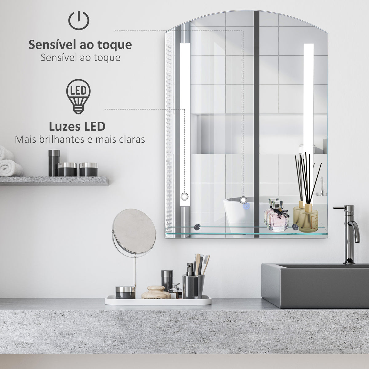 Espelho para banheiro com luz LED 16W Interruptor de toque e prateleira inferior Cabo de 1m Estrutura de alumínio 70x50x2,7 cm prata — foto 4