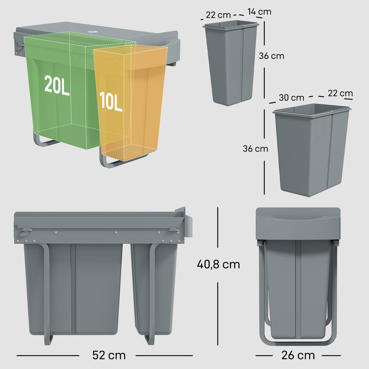 Balde do Lixo Sob Lavatório Balde do Lixo de Cozinha com 2 Contentores de Reciclagem Extraíveis 20L+10L Deslizamento Suave Asa Tampa com Padrão de Diamante Cinzento — foto 3