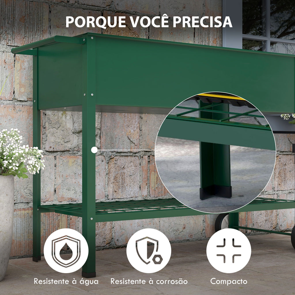 Horta Vertical Elevada de Metal Horta Vertical com Rodas Alça Lateral e Prateleira Inferior para Cultivo de Plantas Flores 109x44x80 cm Verde — foto 6