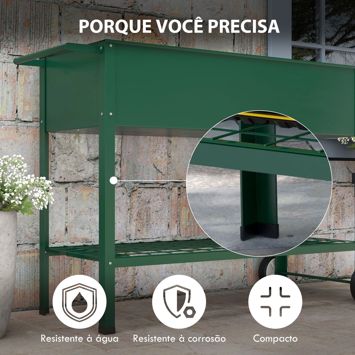 Horta Vertical Elevada de Metal Horta Vertical com Rodas Alça Lateral e Prateleira Inferior para Cultivo de Plantas Flores 109x44x80 cm Verde — foto 6