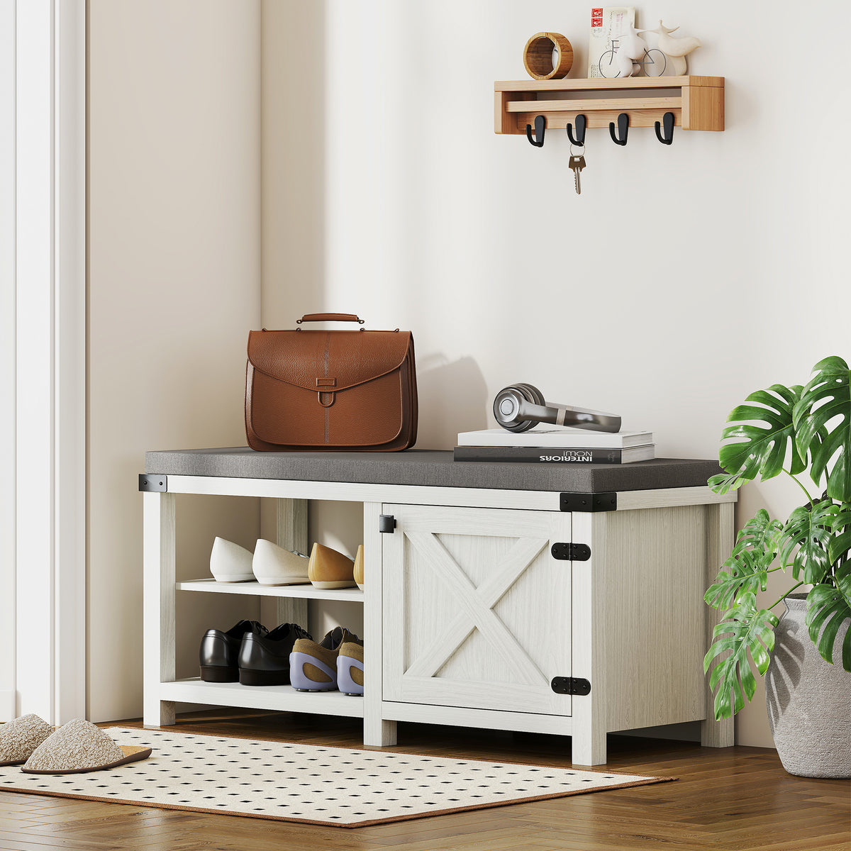 Banco Sapateira Rústico Sapateira com Assento Organizador de Sapatos com Compartimentos Almofada para 7 Pares de Sapatos para Entrada Sala de Estar Quarto 100x40x48 cm Branco com Veios e Cinza — foto 2