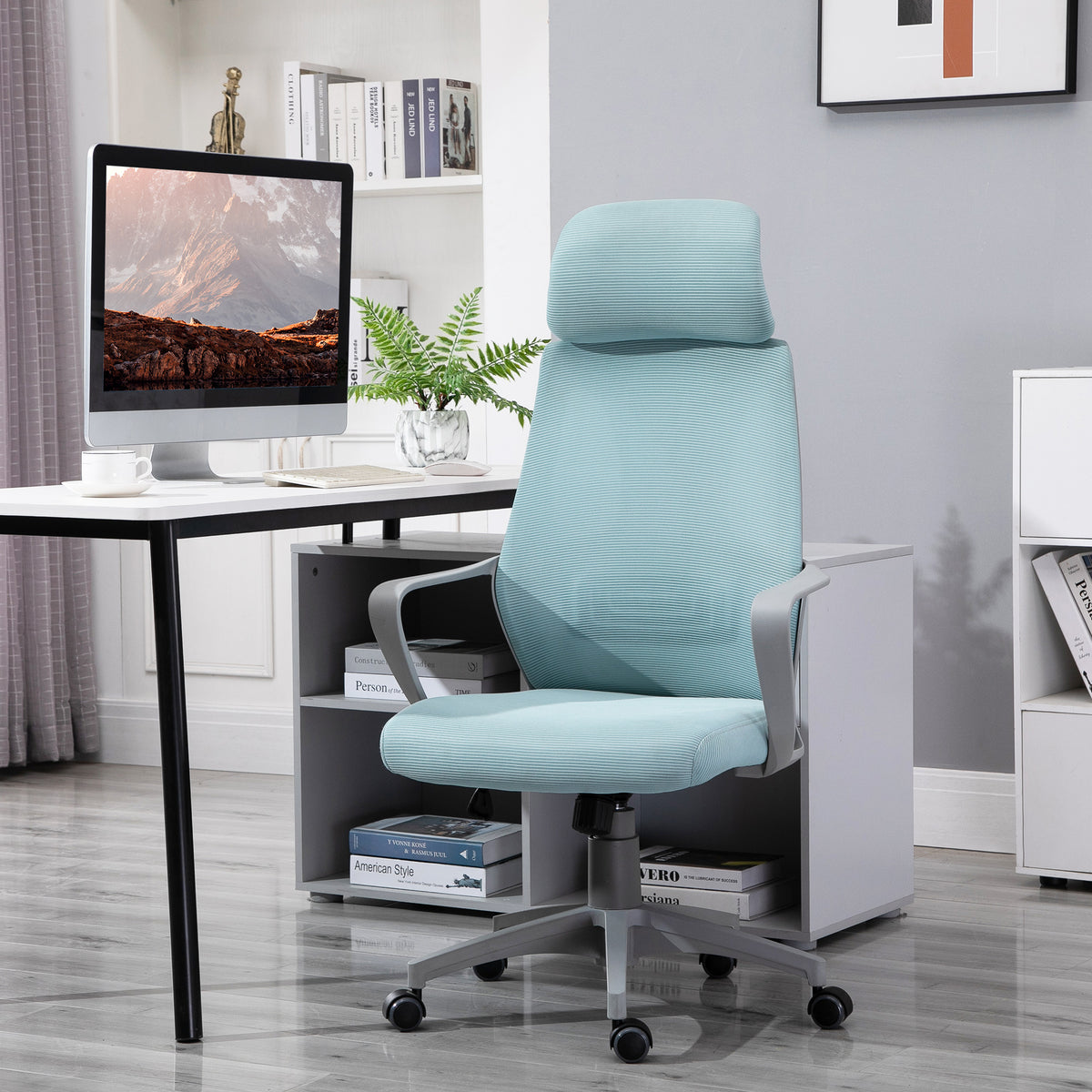 Cadeira de escritório ergonômica Cadeira de mesa inclinável ajustável em altura com encosto de braço Encosto de cabeça 5 rodas Suporta até 120 kg 64x58x116-126 cm Azul — foto 2