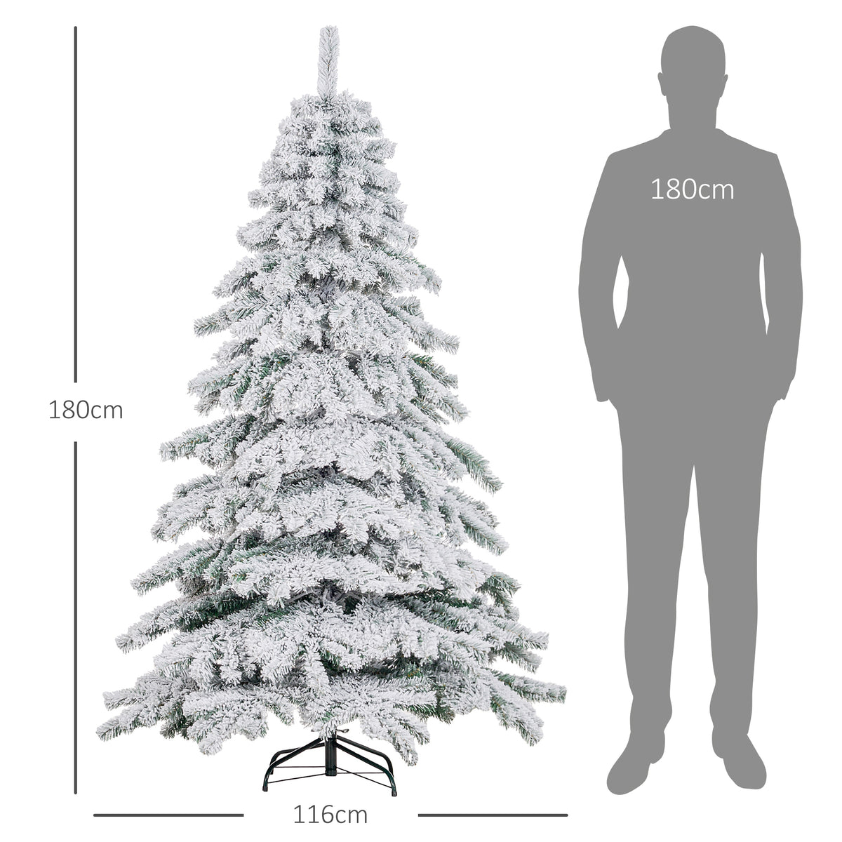 Árvore de Natal Ø116x180 cm Neve Artificial com 627 Pontas de PVC Base Dobrável e Suporte de Metal Decoração de Natal para Interiores Verde e Branco — foto 3
