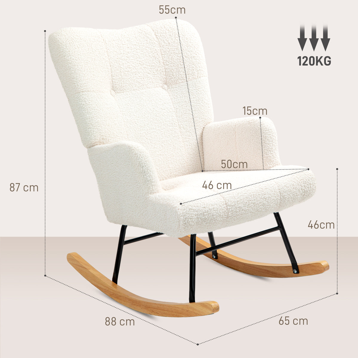 Poltrona Baloiço em Borrego Poltrona para Amamentação com Encosto Capitonê e Base de Madeira de Borracha Carga 120 kg Poltrona para Sala de Estar Dormitório 65x88x87 cm Creme — foto 3