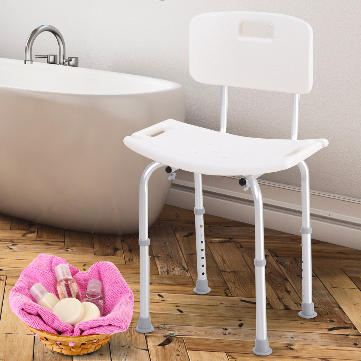 Cadeira para Duche Antiderrapante com Altura Ajustável em 8 Níveis Cadeira de Banho 50,6x43x71-88 cm Branco — foto 2