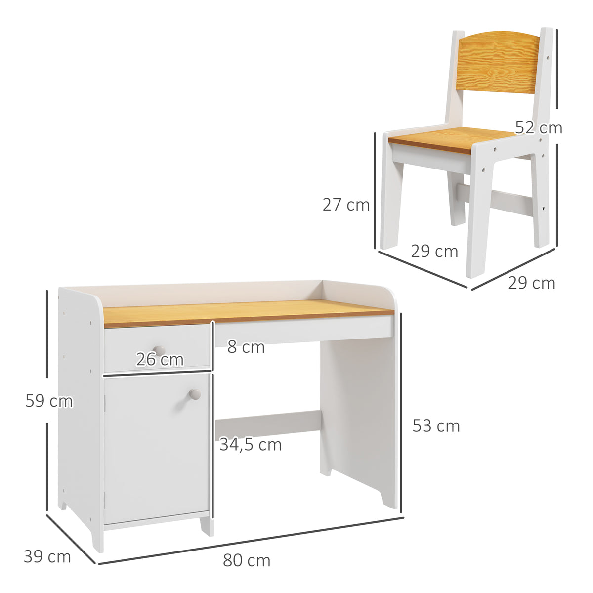 Conjunto de Secretária e Cadeira para Crianças Secretária Infantil com Cadeira Conjunto Infantil de 2 Peças com Gaveta e Armário para Quarto Sala Branco e Natural — foto 3