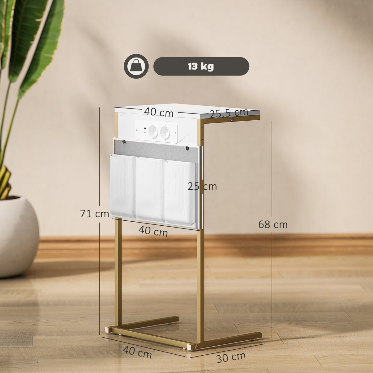 Mesa Auxiliar com Estação de Carga Mesa Lateral com 2 Entradas USB 1 Entrada USB-C e Bolsa Organizadora Mesa Auxiliar para Sala de Estar Dormitório 25,5x40x71 cm Branco — foto 3