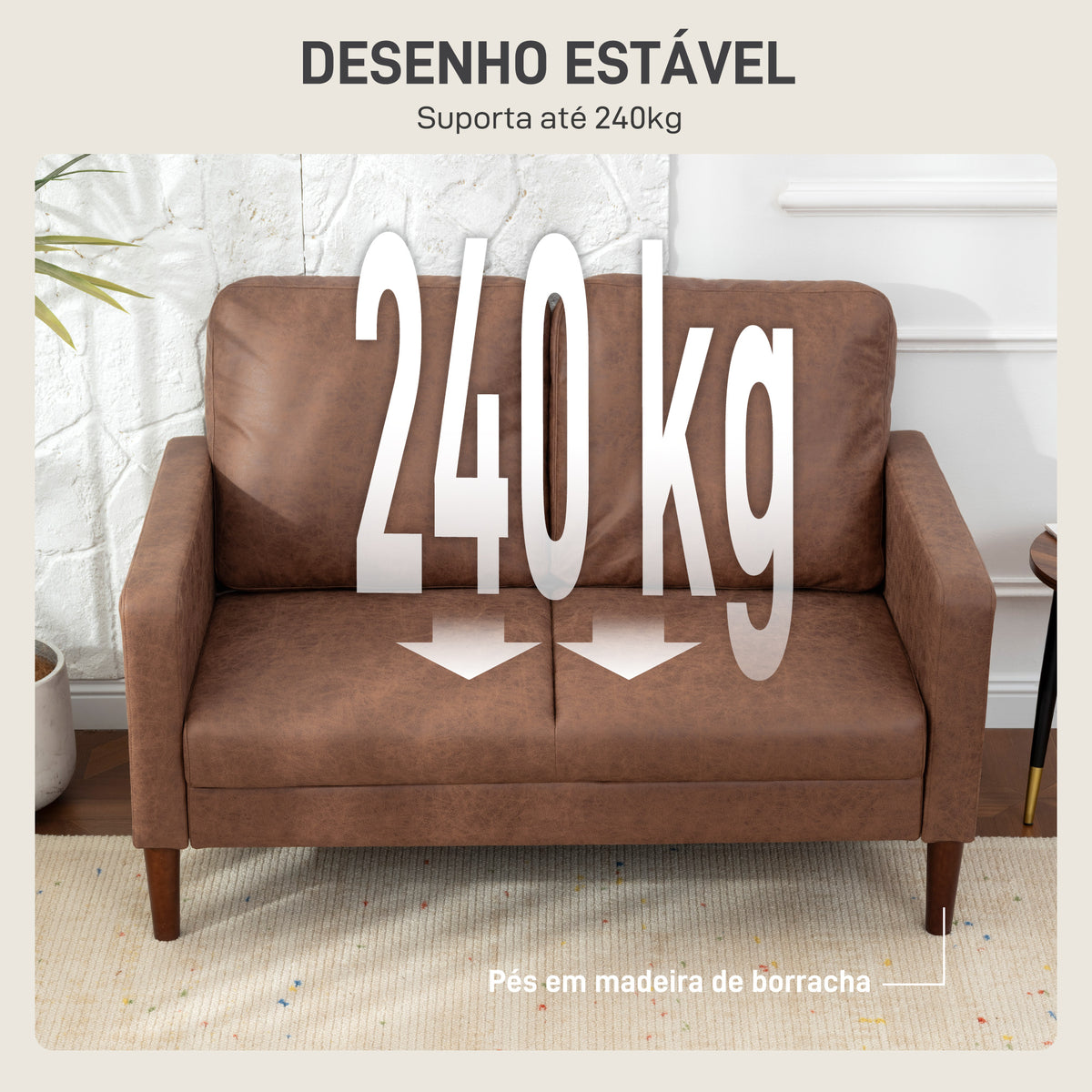 Sofá de 2 Lugares Estofado em Microfibra Sofá Moderno com Pés de Madeira Apoio de Braços para Sala Quarto Escritório Sala de Estar 130x78x85 cm Castanho — foto 5