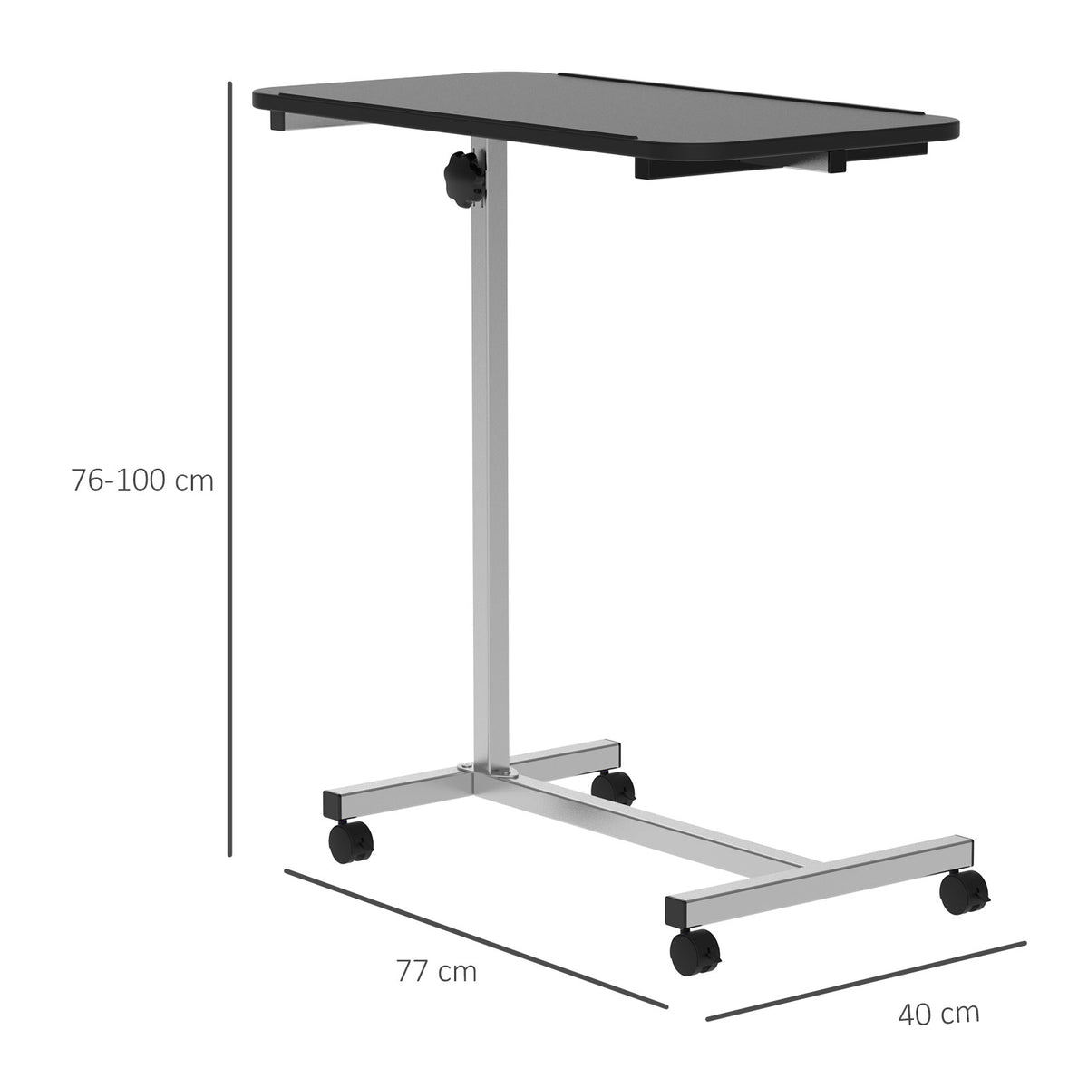 Mesa Auxiliar com Rodas Mesa para Sofá ou Cama com Altura Ajustável e Estrutura de Metal Carga 20 kg para Quarto Sala Escritório 77x40x76-100 cm Preto e Prata — foto 3
