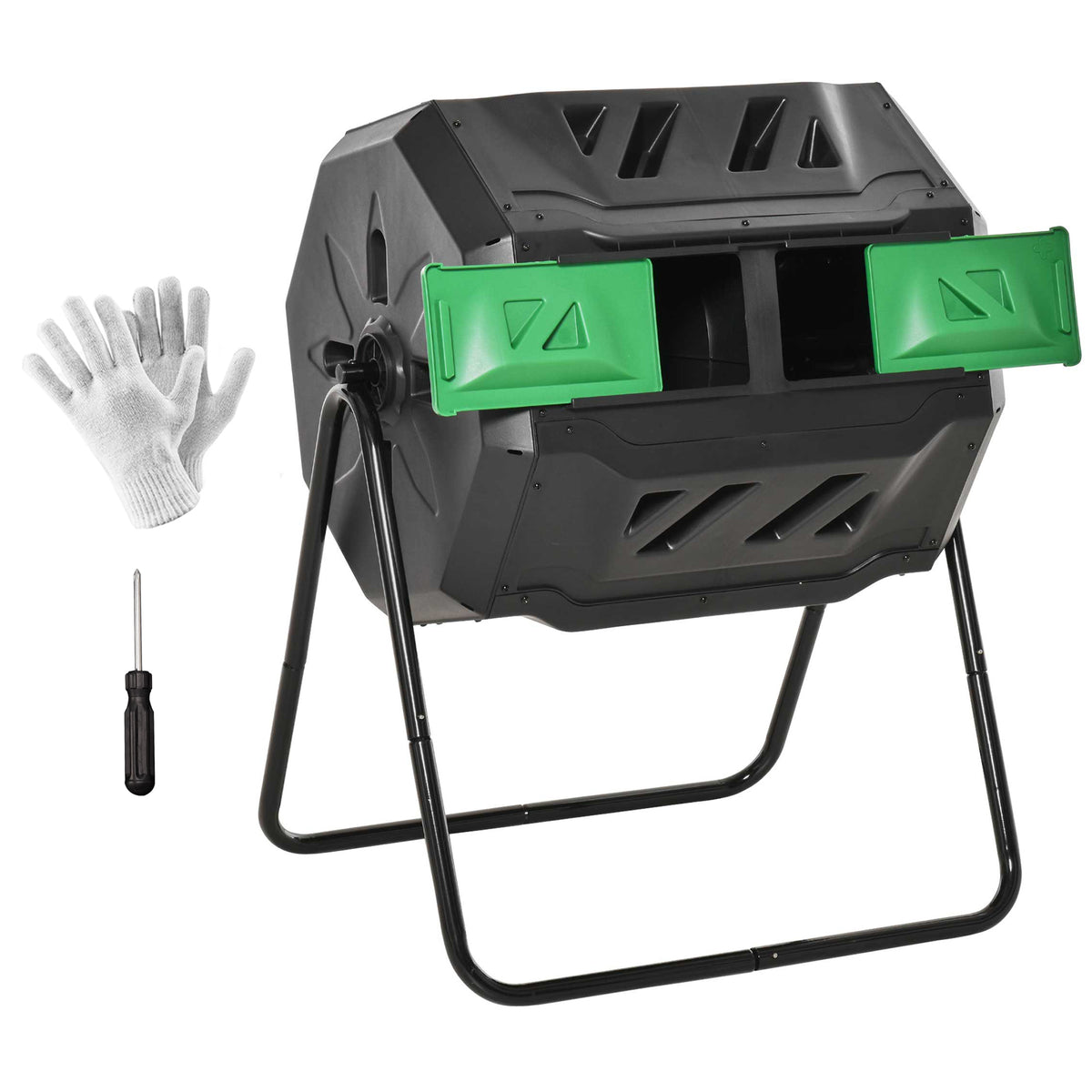 Compostor de Tambor Giratório com Capacidade 160L de Dupla Câmera e Ventilação Estrutura de Aço para Resíduos Orgânicos de Jardim 71x64x92cm Preto e Verde — foto 1