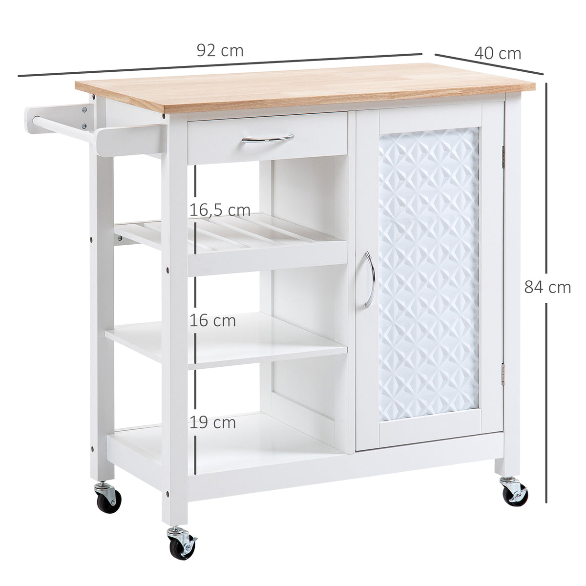 Carrinho de Cozinha com Rodas Carrinho de Serviço com Gaveta Prateleiras e Armário com Prateleira Interior Ajustável 92x40x84cm Branco — foto 3