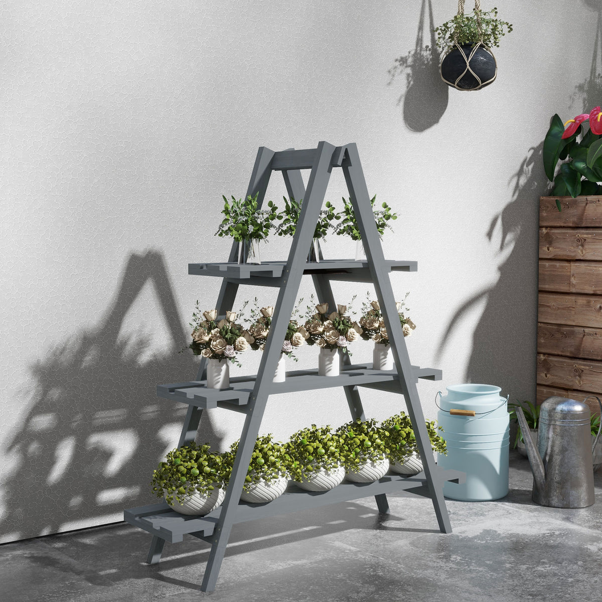 Suporte de Madeira para Plantas Dobrável Estante Decorativo para Vasos de 3 Níveis com Estrutura em Forma de A para Jardim Pátio Varanda 100x36x112 cm Cinza — foto 2