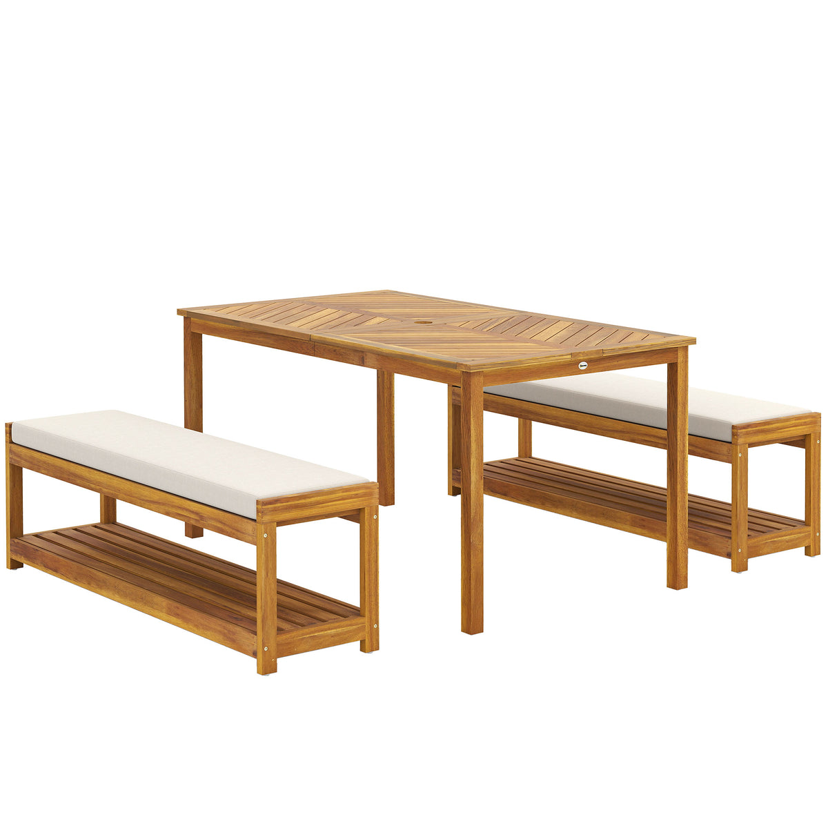 Conjunto de 3 peças para jardim, conjunto de assentos com 1 mesa de jantar com orifício para guarda-sol, 2 bancos 150 x 85 x 75 cm Teca — foto 1