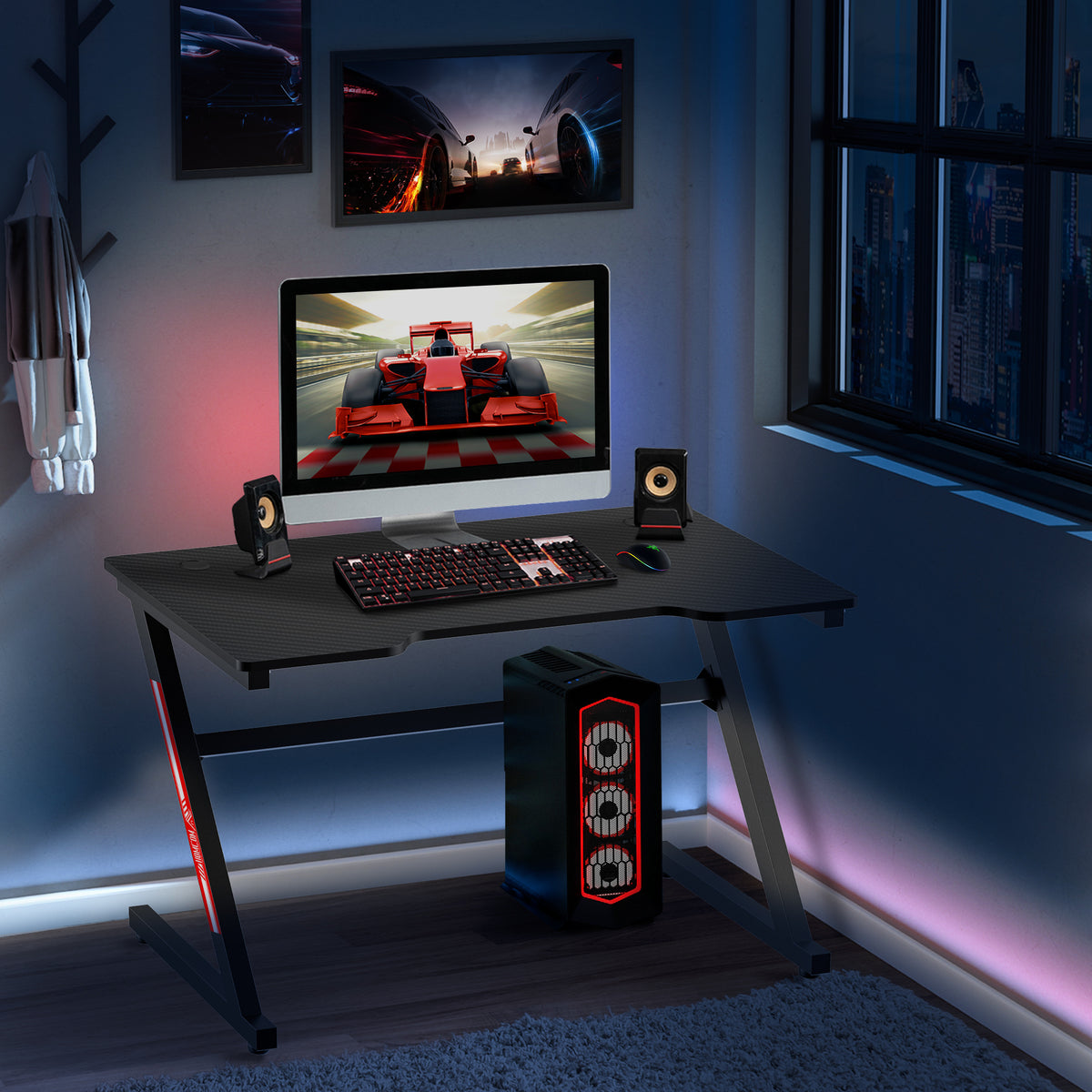 Secretária Gaming Ergonómica Secretária para Computador com Bancada de Fibra de Carbono e Pés Ajustáveis Carga Máxima 150kg 120x60x73cm Preto — foto 2