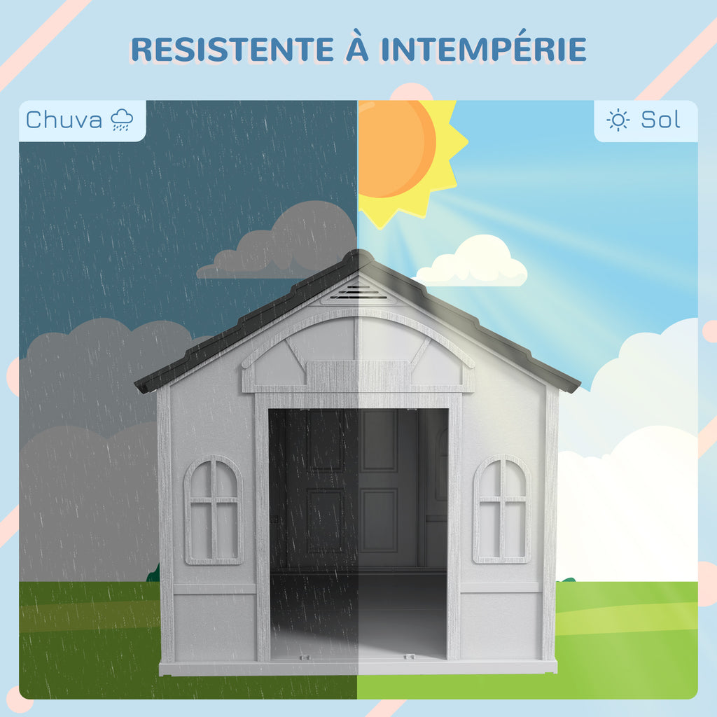 Casa para Cães 84,2x98,2x82 cm Casa para Cães com Janelas e Teto com Imitação de Telhas Casota para Cães Cinza — foto 4