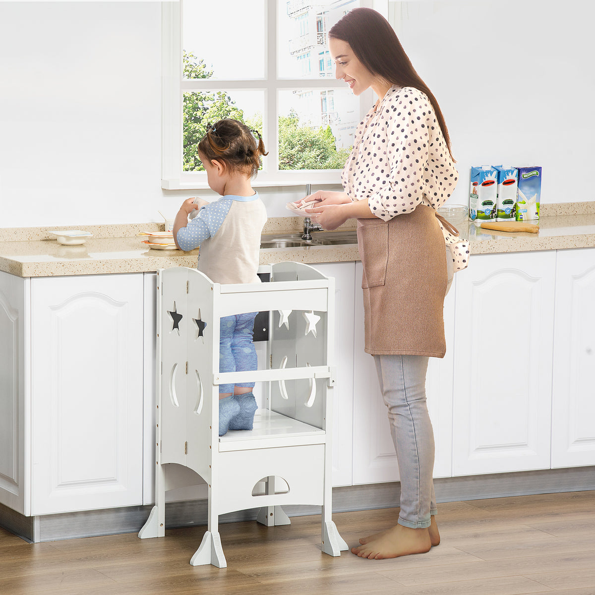 Torre de Aprendizagem para Crianças 3-6 anos de Madeira Torre de Aprendizagem Infantil Dobrável com Ardósia e Barra de Segurança para Casa de Banho Cozinha 56,5x56,5x94cm Branco — foto 2