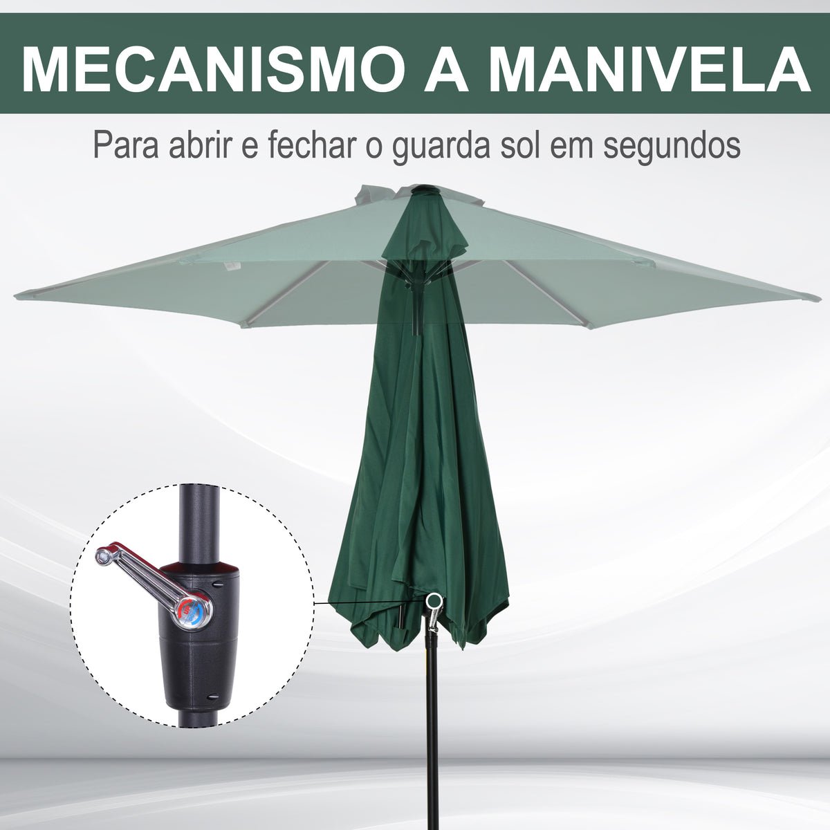 Guarda-sol de Jardim, Ø260x235 cm, Guarda-sol Reclinável com Manivela, Poste Removível de Alumínio e 6 Varetas de Metal, para Terraço, Exterior, Varanda, Verde — foto 5
