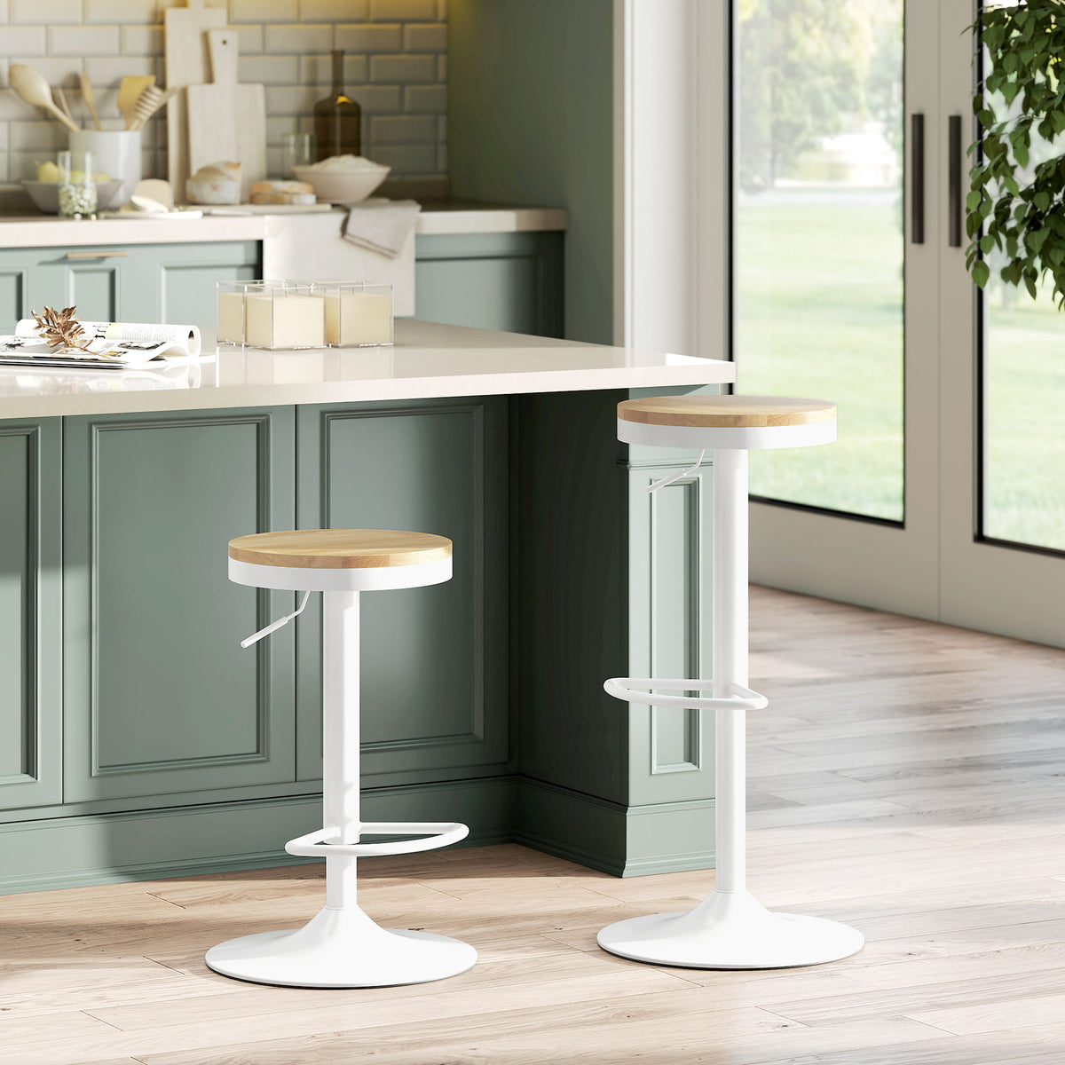 Conjunto de 2 Bancos de Bar Giratórios Bancos Altos de Cozinha com Altura Ajustável Assento em Madeira Estrutura em Aço e Descanso para Pés para Sala de Jantar Balcão 38,5x38,5x60-80 cm Madeira e Branco — foto 2