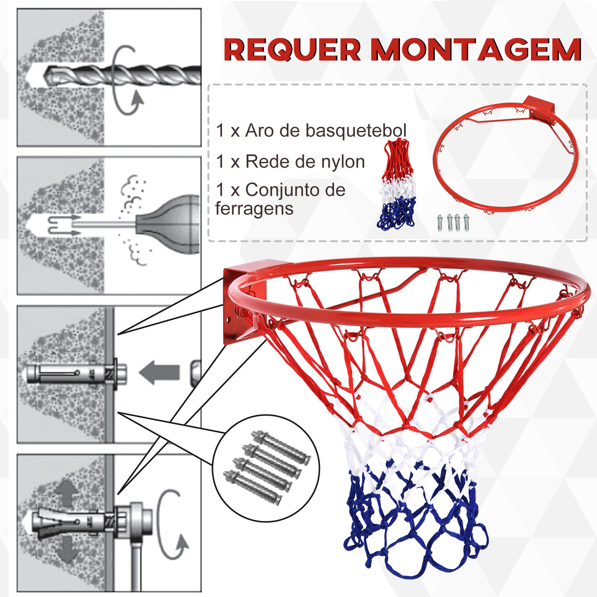 Cesta de Basquetebol de Parede Ø46 cm Aro de Basquetebol com Rede Estrutura Metálica 12 Ganchos para Interior e Exterior Vermelho — foto 4