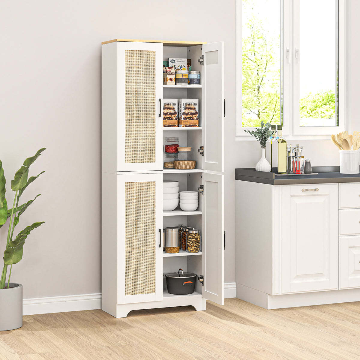 Armário de Cozinha Móvel Auxiliar de Cozinha com Prateleiras Ajustáveis Portas em Vime e Sistema Anti-Tombo 60x30x170 com Branco — foto 2