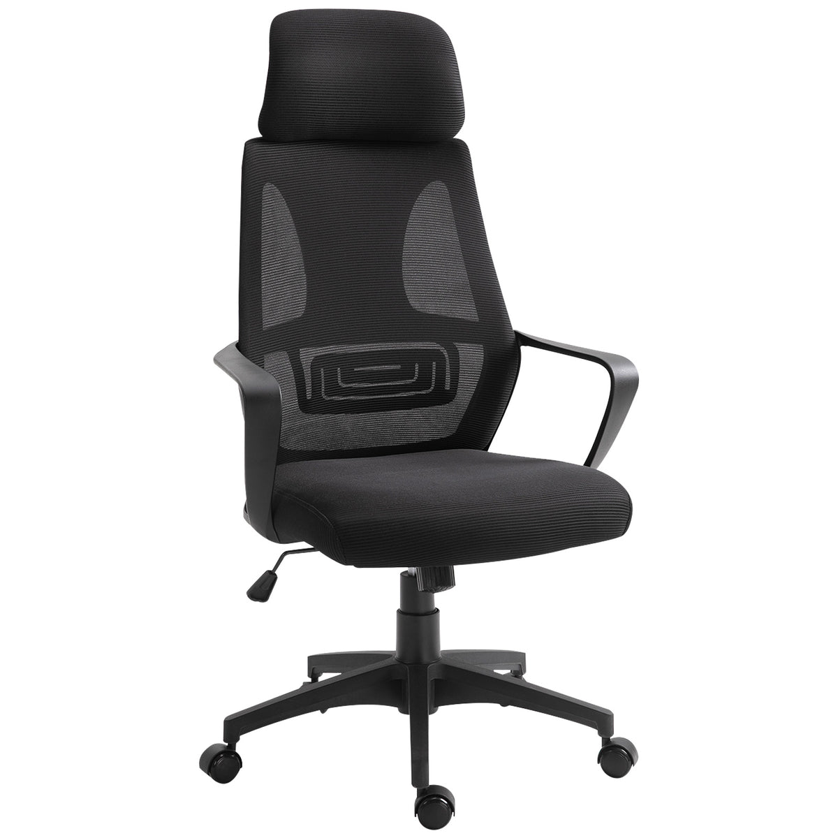 Cadeira de escritório ergonômica Cadeira de mesa inclinável ajustável em altura com encosto de braço Encosto de cabeça 5 rodas Suporta até 120 kg 64x58x116-126 cm Preto — foto 1