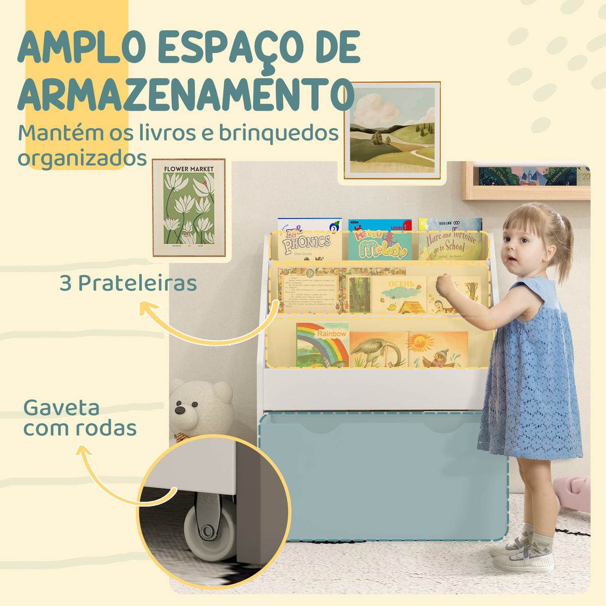 Estante de Brinquedos com 3 Compartimentos Estante Infantil para Brinquedos com Gaveta com Rodas Multifuncional para Quarto Sala de Jogos 62,5x30x70 cm Branco — foto 4