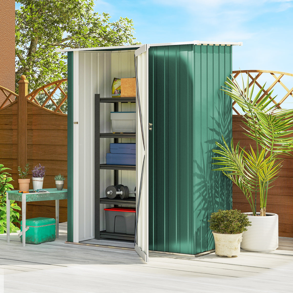 Abrigo de Jardim 142x84x189cm Abrigo de Jardim de Aço Galvanizado com Porta Fechadura e Orifícios de Drenagem para Armazenamento de Ferramentas Verde — foto 2