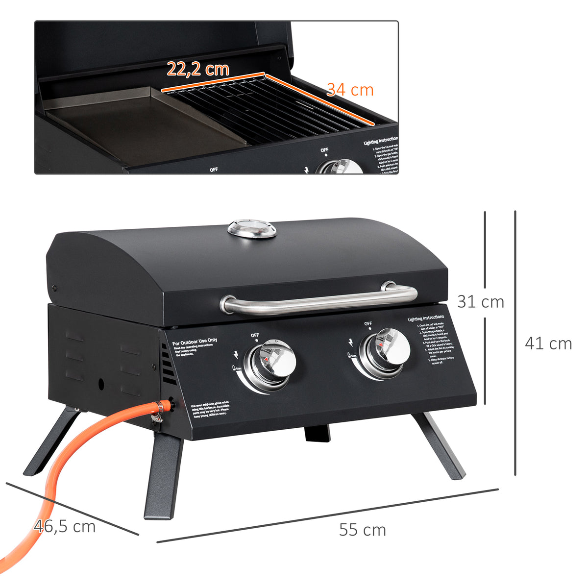 Barbecue a Gás Dobrável com 2 Queimadores Churrasqueira à Gás Portátil com Termómetro para Campismo Piquenique ao Ar Livre Jardim 55x46,5x41cm Preto — foto 3
