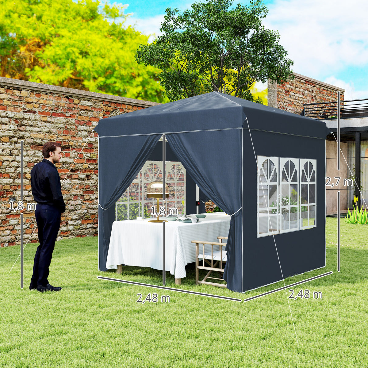 Tenda Dobrável Pop-Up Tenda 248x248x270 cm com 4 Paredes Laterais Anti-UV Altura Ajustável e Bolsa de Transporte para Campismo Festas Azul Escuro — foto 3