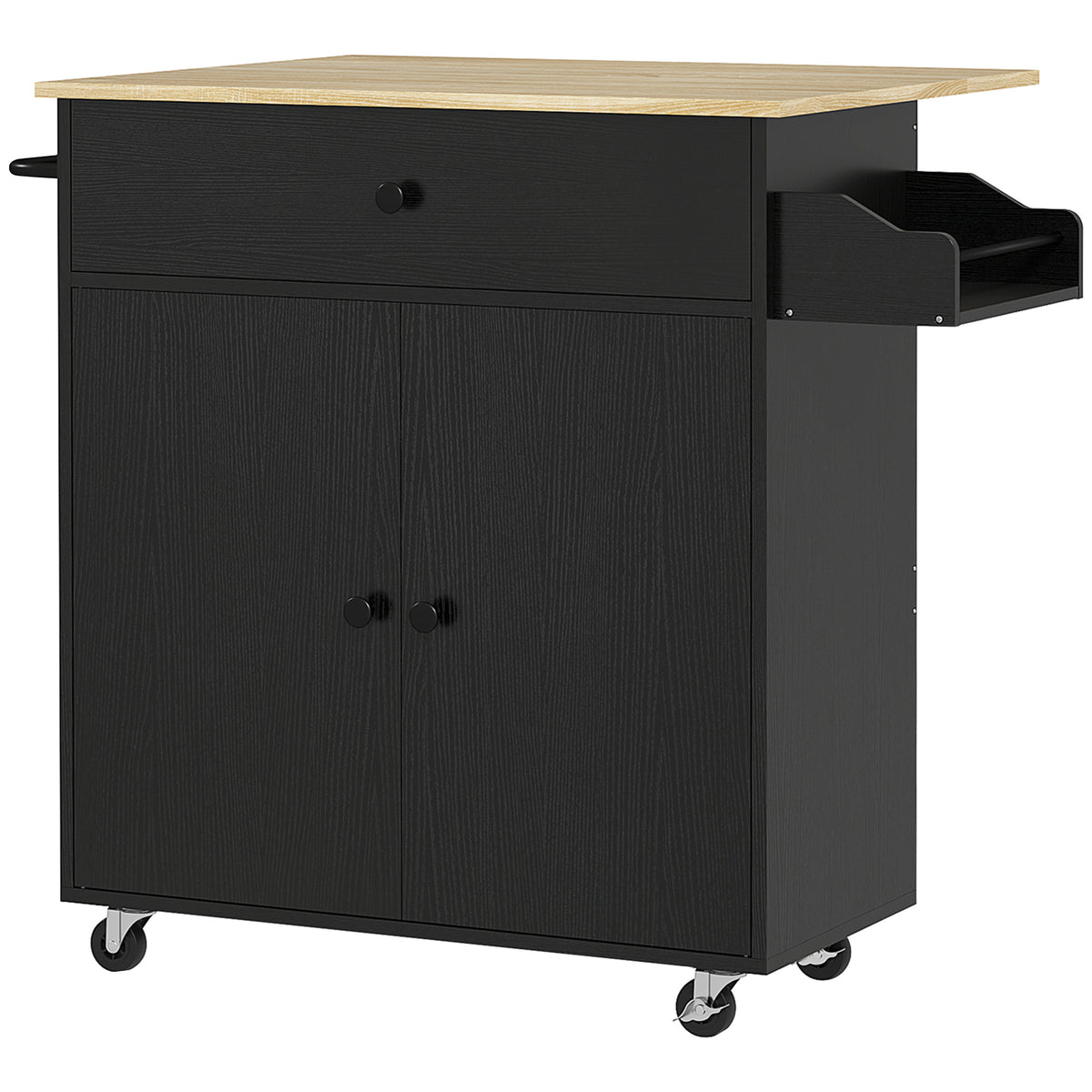 Ilha de Cozinha com Rodas Carrinho de Cozinha com Lateral Dobrável 2 Portas Gaveta Suporte para Temperos e Panos e Prateleira Ajustável 106x42x87 cm Preto e Carvalho — foto 1