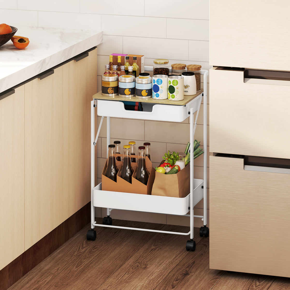 Carrinho Auxiliar com Rodas de 2 Níveis Carrinho de Cozinha com 1 Gaveta e 1 Cesto Carrinho Organizador para Dormitorio Sala Escritório 45x29,5x68 cm Branco — foto 2