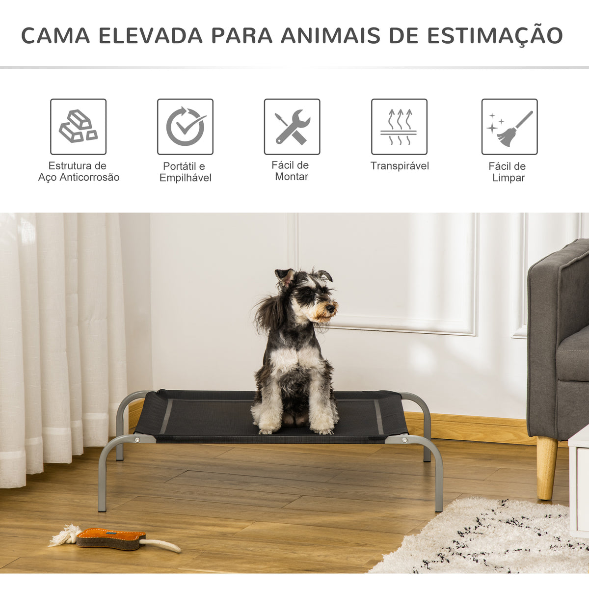 Cama Elevada para Animais de Estimação Cama para Cães e Gatos Desmontável Tecido Textilene Exterior Jardim Terraço 90x65x20cm Preto — foto 7