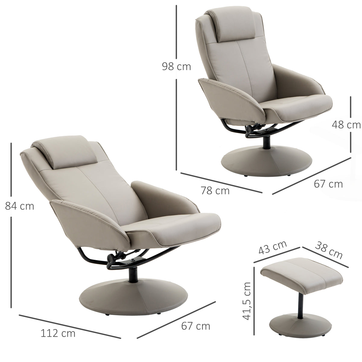 Poltrona Relax Reclinável até 145° com Banco de Apoio para os Pés Poltrona Giratória 360° Estofada em PU e Estrutura de Aço 78x67x98cm Cinza — foto 3