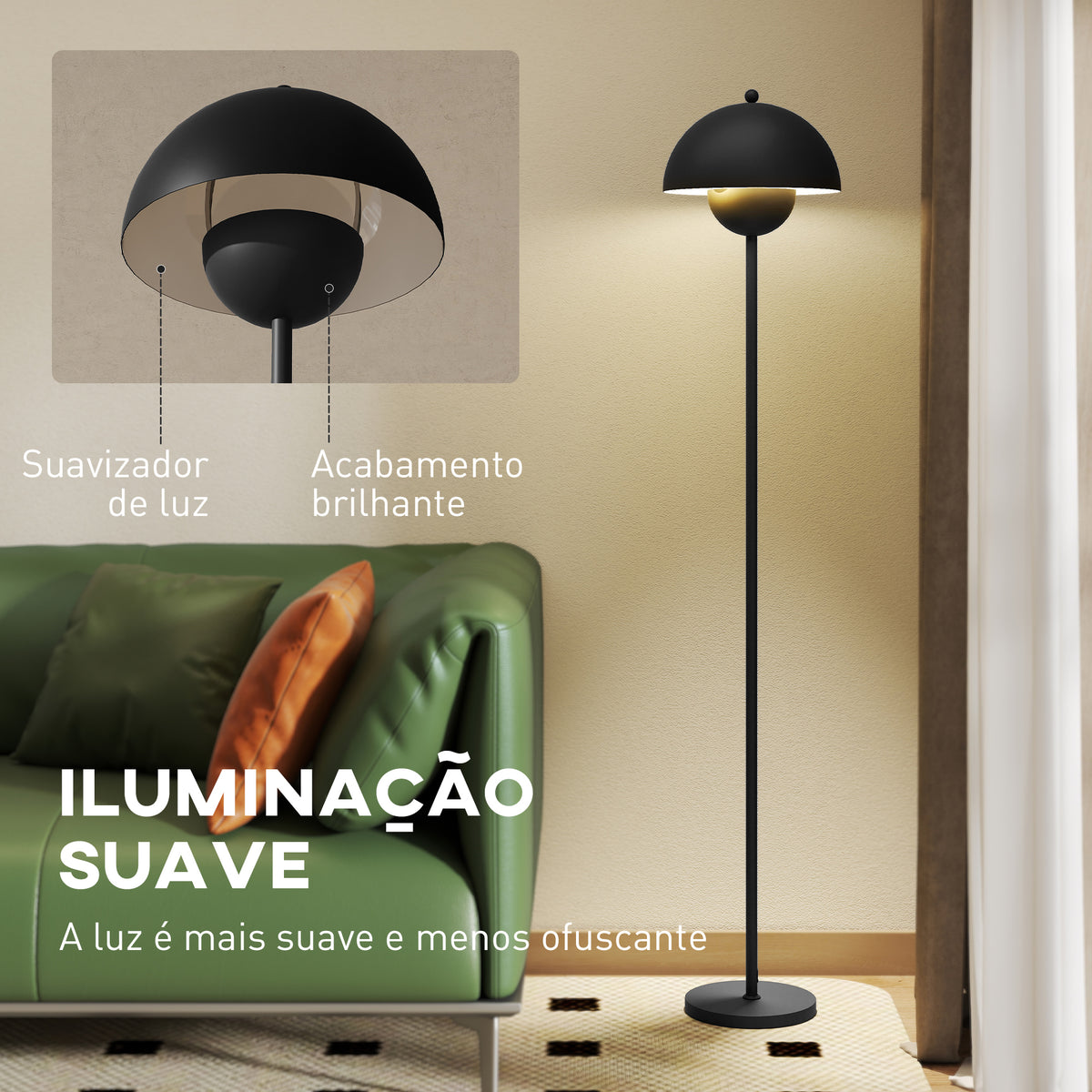 Candeeiro de Pé Moderno 155 cm Candeeiro de Pé para Sala com Ecrã em Forma de Taça Refletora de Luz Interruptor de Pé Suporte E27 sem Lâmpada para Quarto Escritório Sala de Estar Ø35x155 cm Preto — foto 5