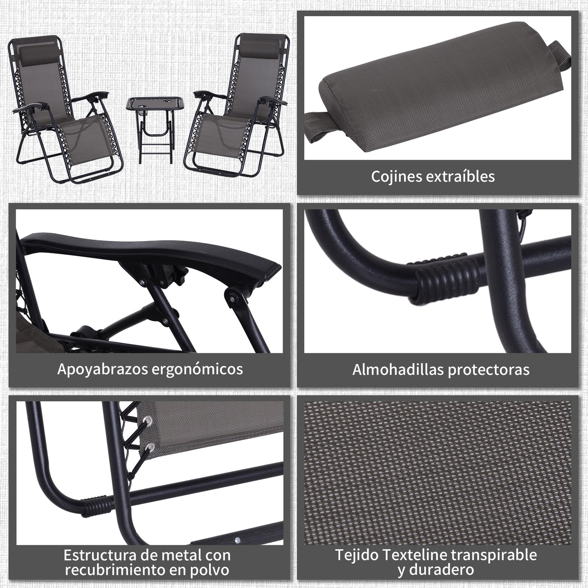 Conjunto de 1 Mesa e 2 Espreguiçadeiras Conjunto de Exterior Dobrável e Portátil para Jardim Praia Relaxante com Encosto Reclinável Textilene Aço Cinza — foto 7