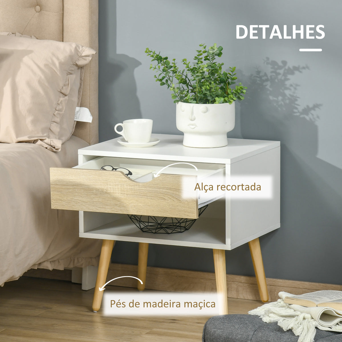 Conjunto de 2 Mesas de Cabeceira Mesa Auxiliar com 1 Gaveta e Prateleira de Armazenamento para Dormitório Sala de Estar Escritório Estilo Moderno 50x39x51cm Branco e Carvalho — foto 5
