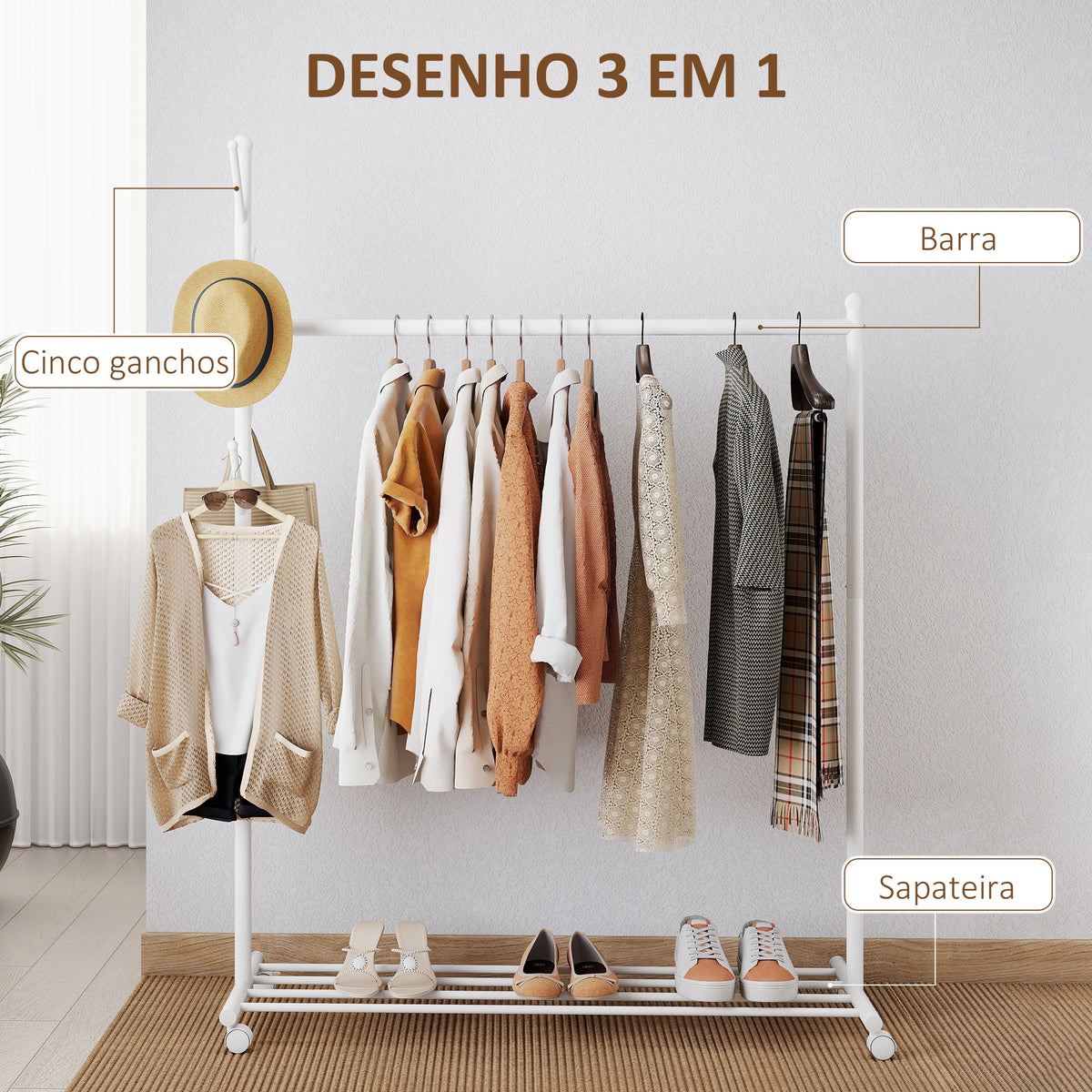 Charriot com Rodas Charriot com 5 Ganchos Barra para Pendurar e Prateleira Inferior Charriot para Dormitório Lavandaria 120x43x171 cm Branco — foto 4