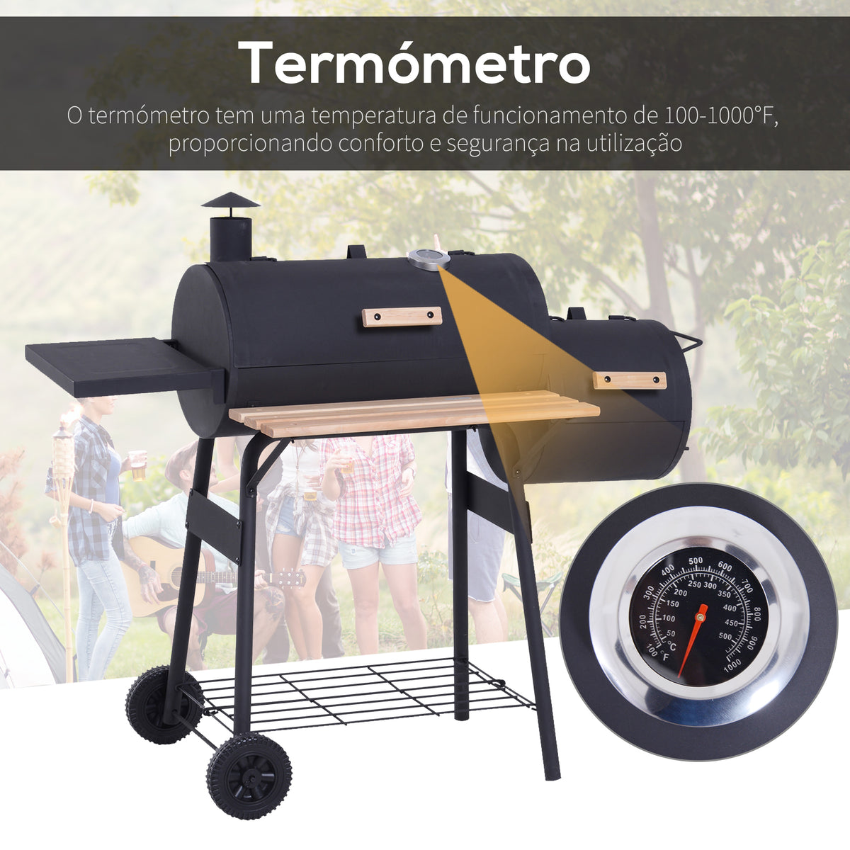 Barbecue a Carvão 2 em 1 Defumador e Grelha Barbecue com Termómetro Rodas e Prateleiras para Ar Livre Campismo Exterior 124x53x104cm Preto — foto 4