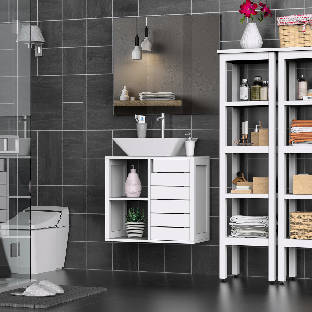 Móvel para Lavatório Pousar Móvel para Casa de Banho Suspenso com 2 Prateleiras Abertas e Armário com Prateleira Ajustável 60x30x54 cm Branco — foto 2