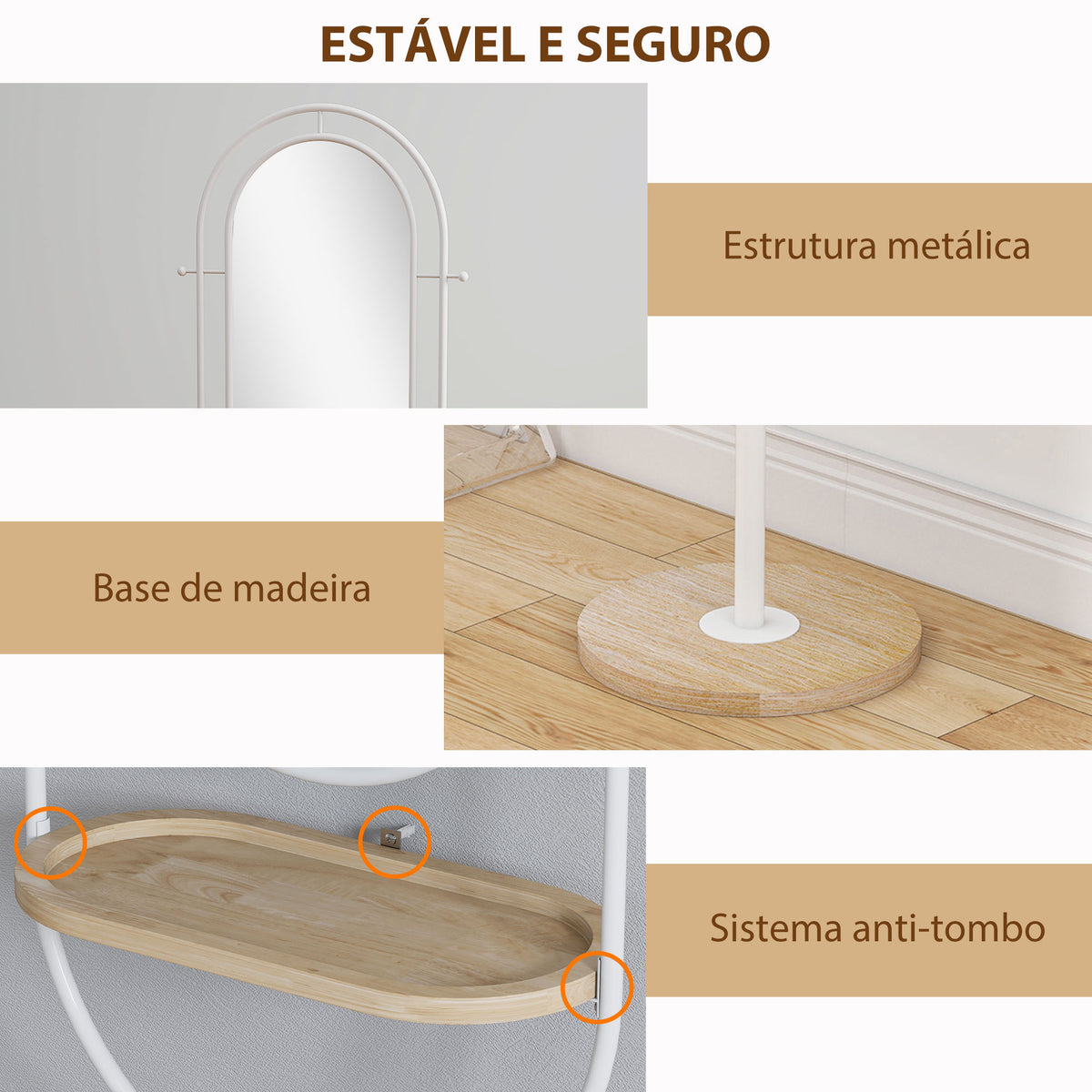 Espelho de Pé 50x175,5 cm Espelho de Corpo Inteiro com Bandeja de Madeira 4 Ganchos e Estrutura de Metal para Sala de Estar Quarto 50x40x175,5 cm Branco — foto 6