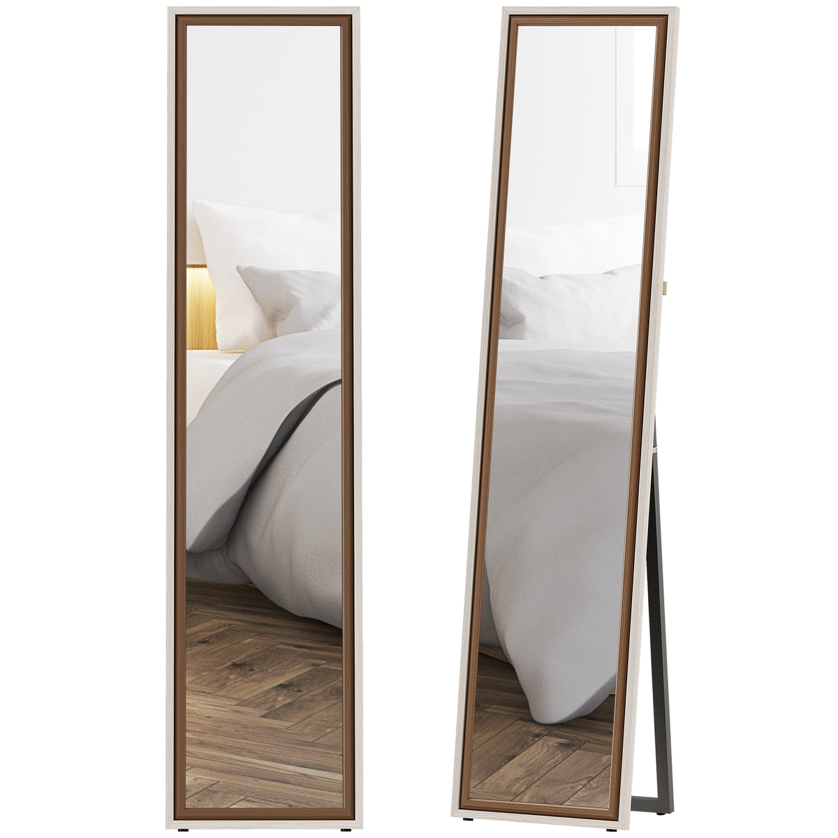 Espelho de Pé 157x37 cm Espelho Corpo Inteiro Grande com Moldura Bicolor para Utilizar Inclinado ou Suspenso para Sala Quarto Corredor Entrada Madeira Clara e Madeira Escura — foto 1